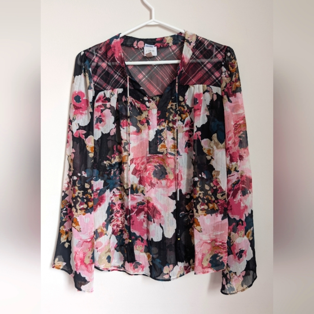 Cupio Floral Sheer Pink & Black & Metallic Elegant Feminin Chic Women's Top SZ M